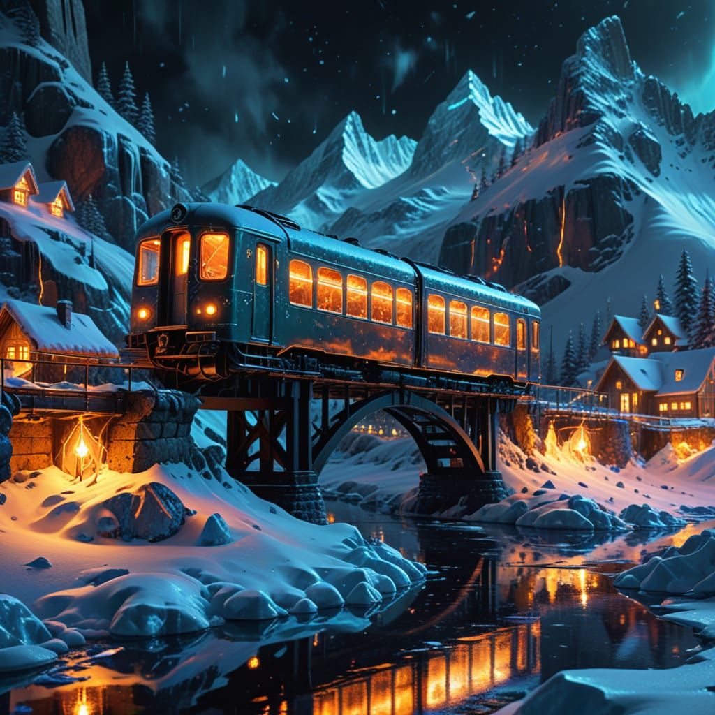 Vibrant Oil Painting of a Miniature Train in Snowy Mountains