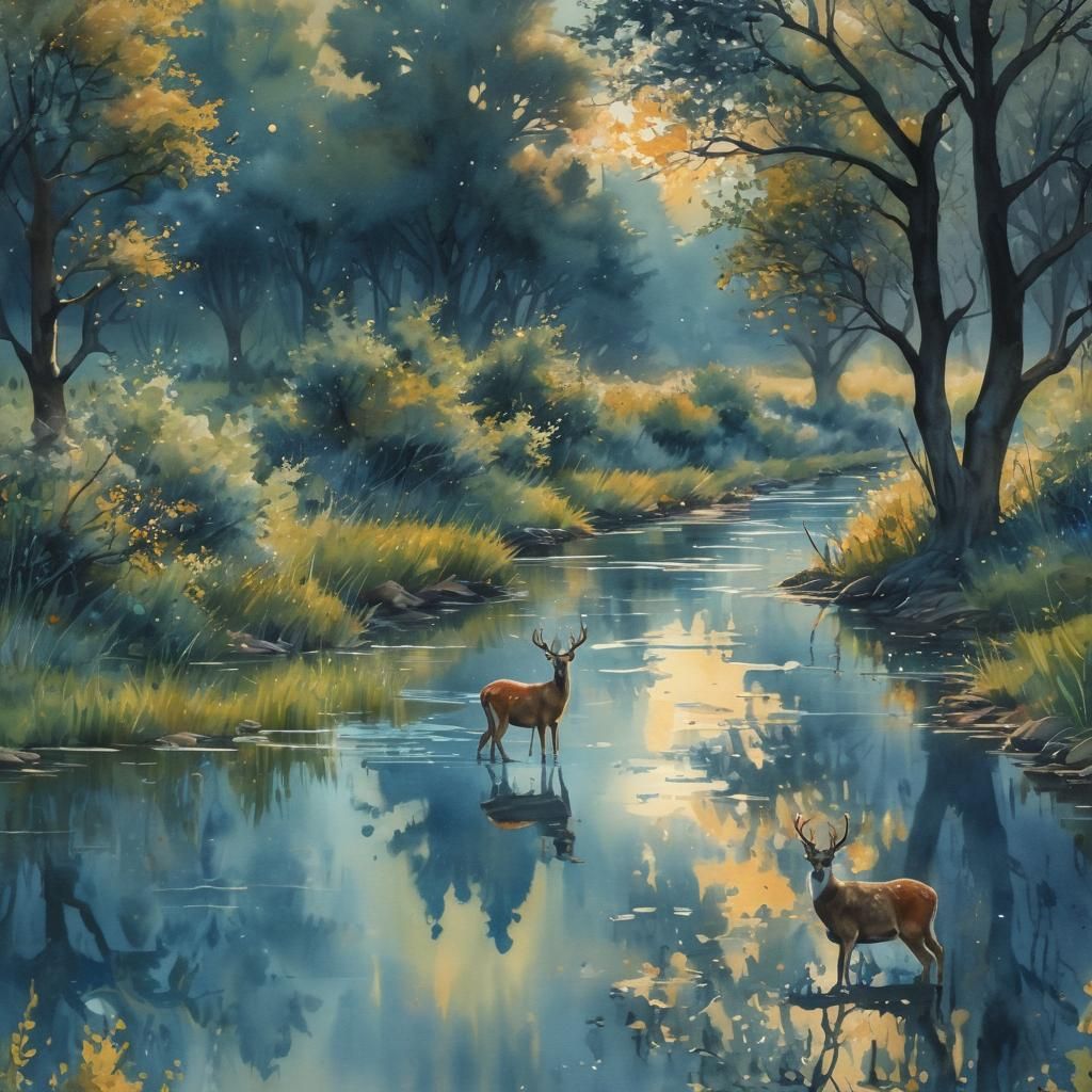 Watercolor Deer at Dusk by Orchard River