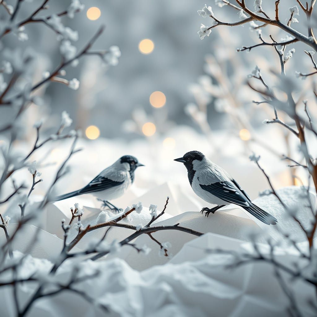 Whimsical Origami Magpies Dance in Winter Wonderland