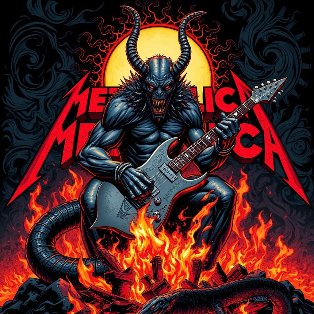 Cyberpunk Metal Monster Plays Electric Guitar Beside Inferno...