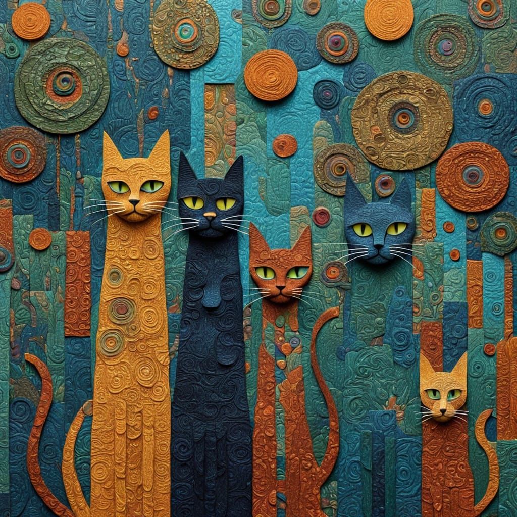 Surreal Cat Collage in Klimt-Inspired Folk Art Style