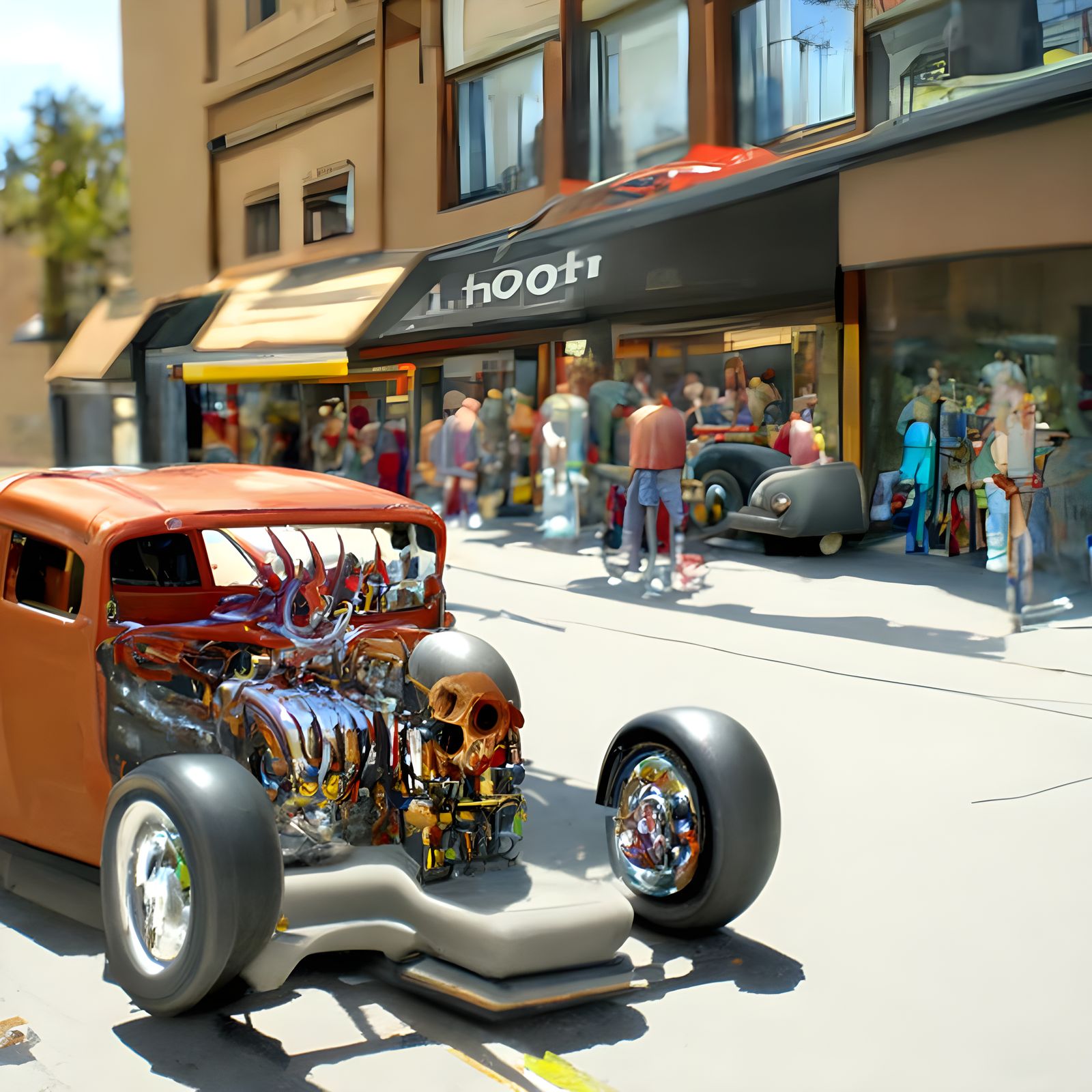 Detailed Hot Rod Car in Busy Cityscape
