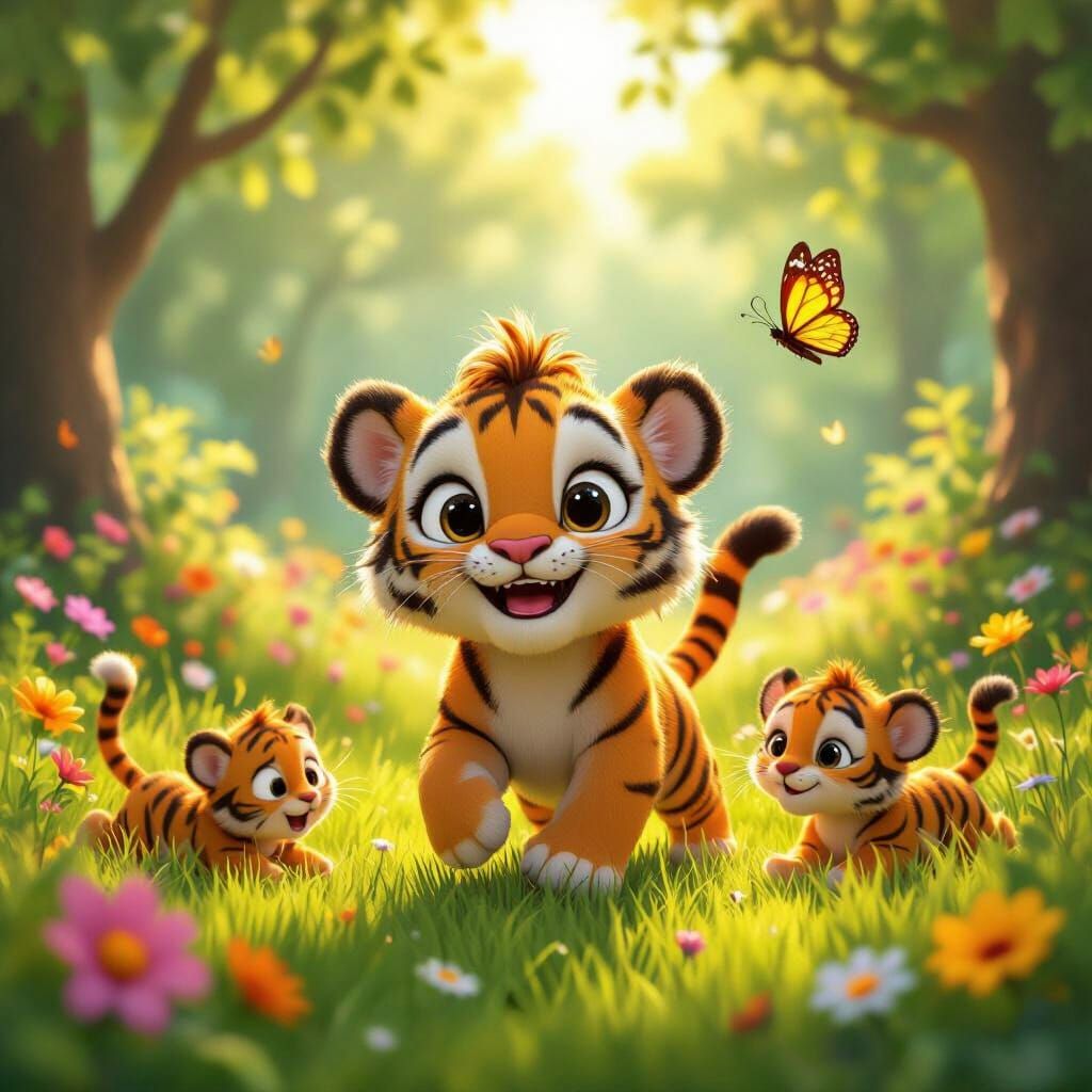 Tiger Cubs Play in Sunny Pixar-Style Forest Clearing
