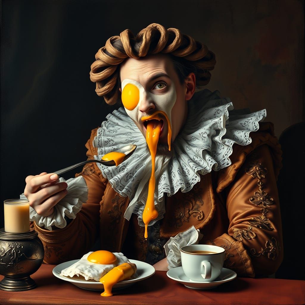 Surreal 17th-Century Gentleman Devours Fried Egg in Baroque ...