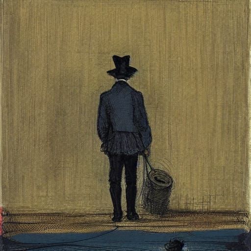 Man in Tears Stands Beside Flickering String in Isolated Lan...