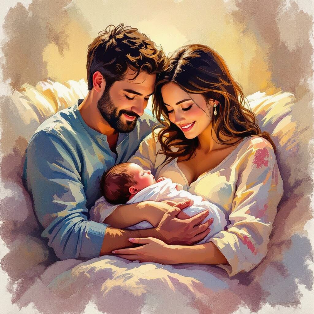 Loving Couple Cradles Newborn in Vibrant Crayon Painting