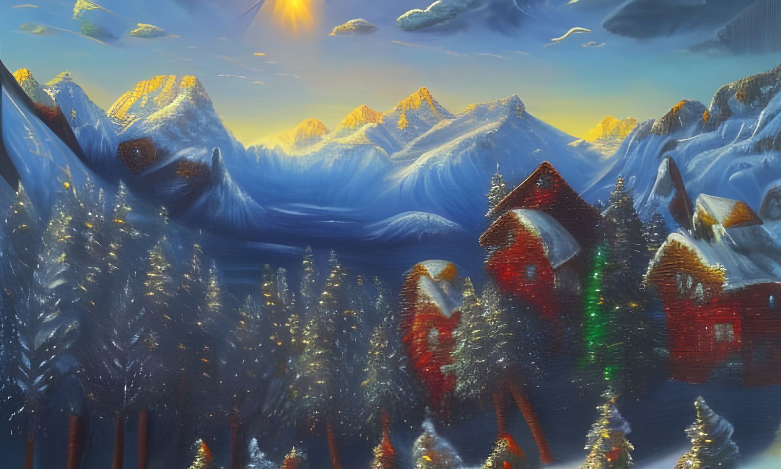 Colorful Christmas in the Mountains: Oil Painting