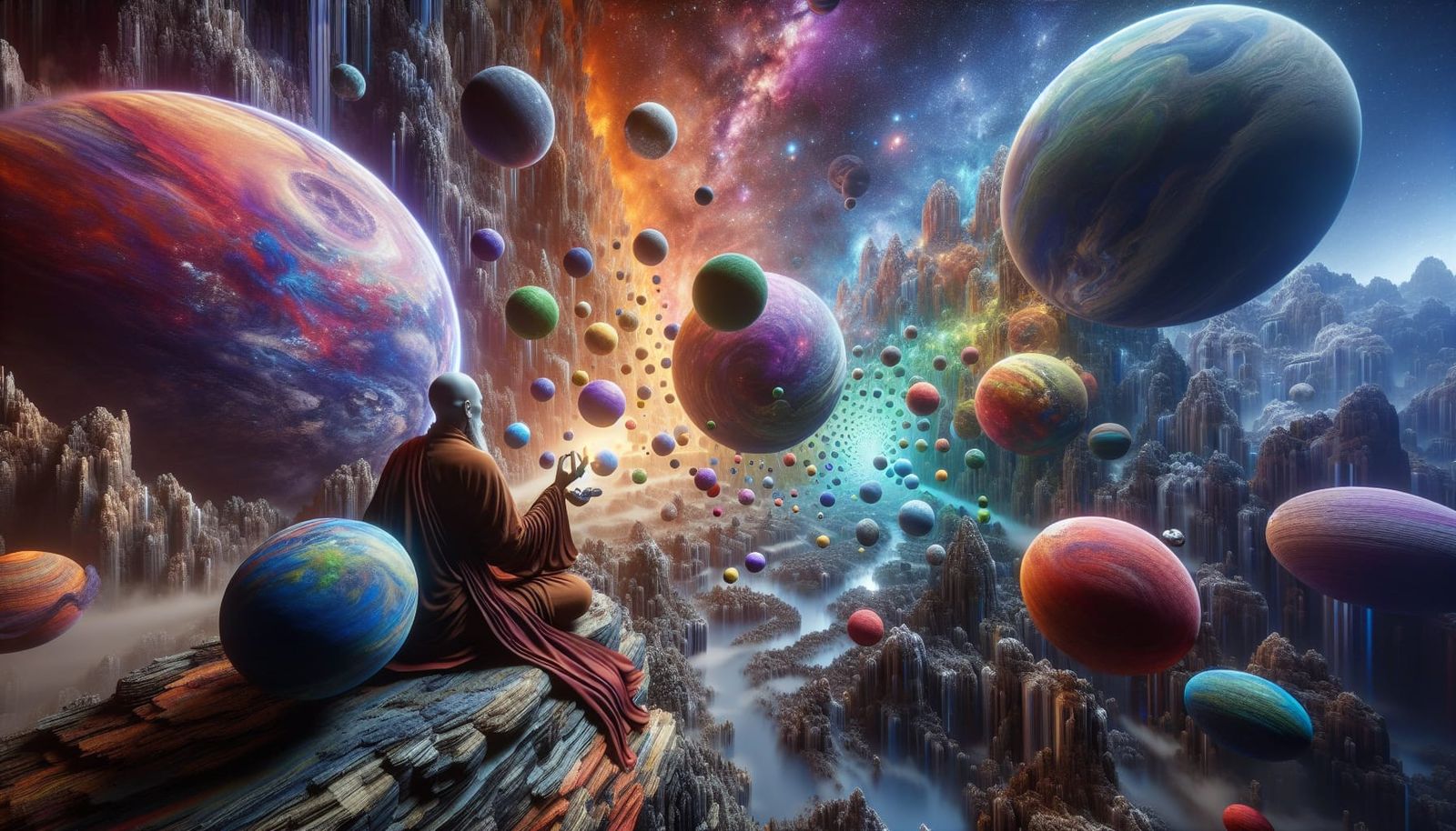 Meditating Monk Juggling Planets in Hyperrealistic Universe