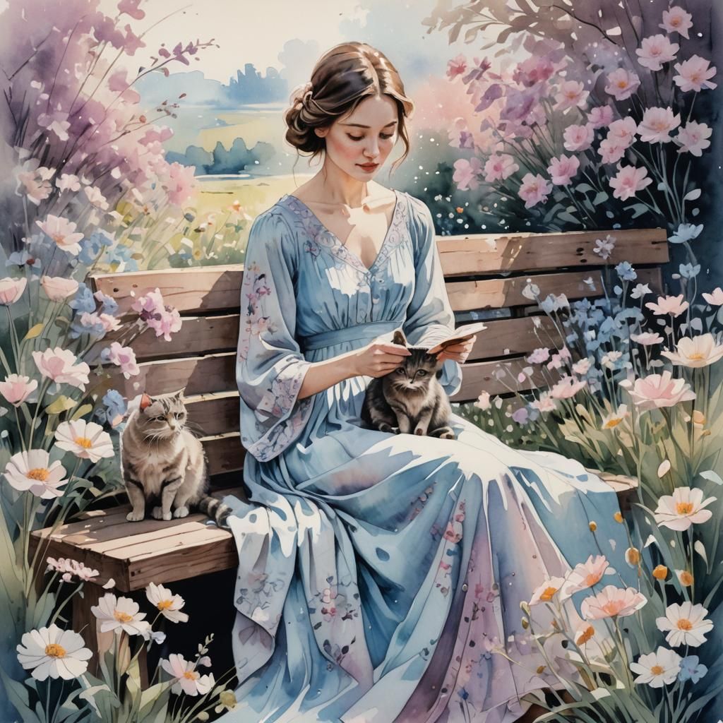 Woman Reading Letter in Park: Ink and Watercolor