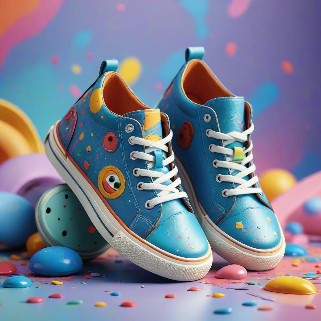 Whimsical 3D Shoes in Vibrant Splash Art Style