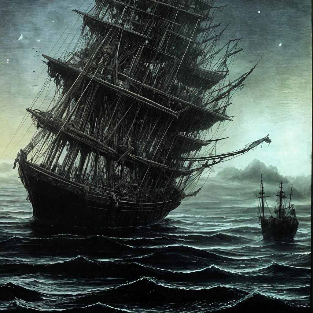 Ghost Pirate Ship in Dark Surreal Night