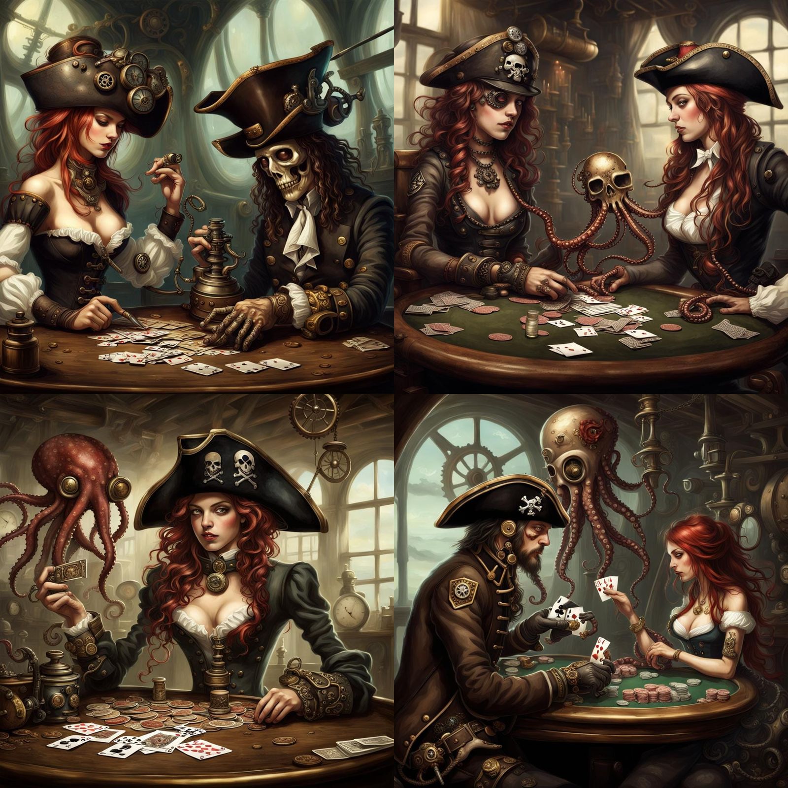 Steampunk Pirate Girl Plays Poker with an Octopus