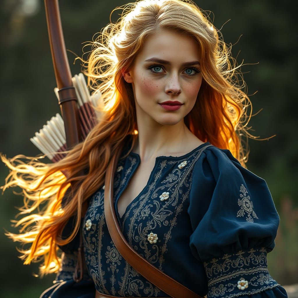 Regal Archeress in Golden Hair, Navy Dress, and Elegant Embr...