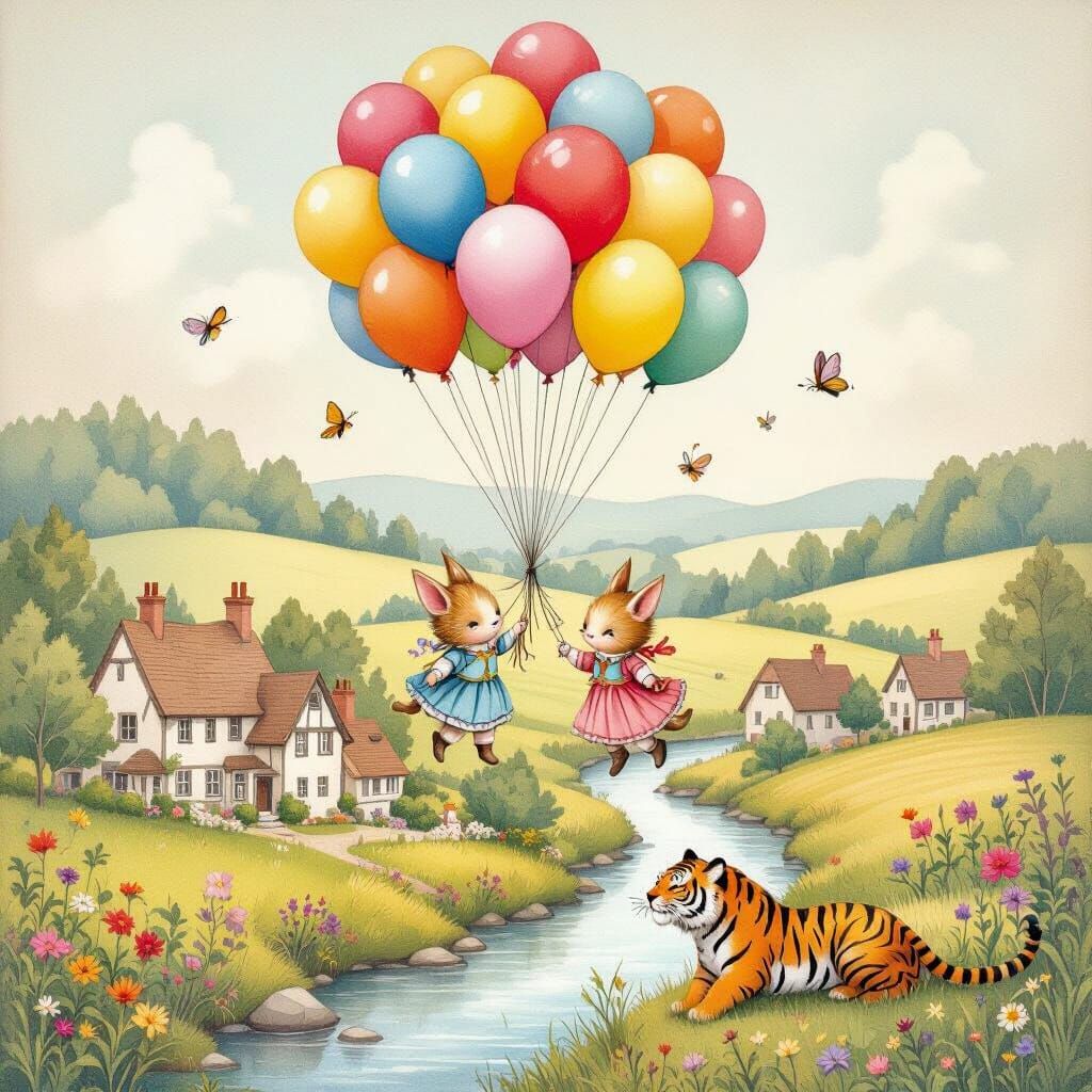 Fantasy Creatures Float Over Village in Watercolor Style