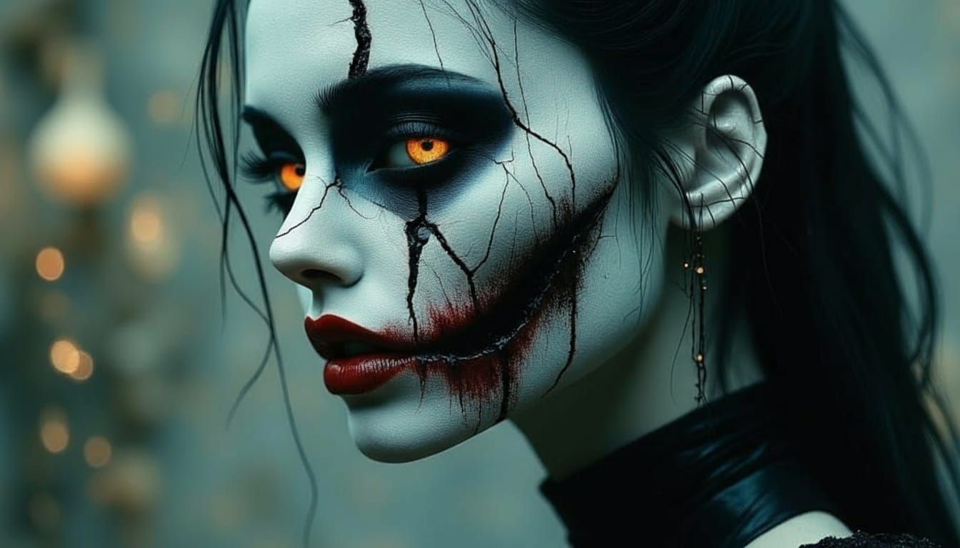 Gothic Zombie with Cracked Porcelain Skin and Glowing Detail...