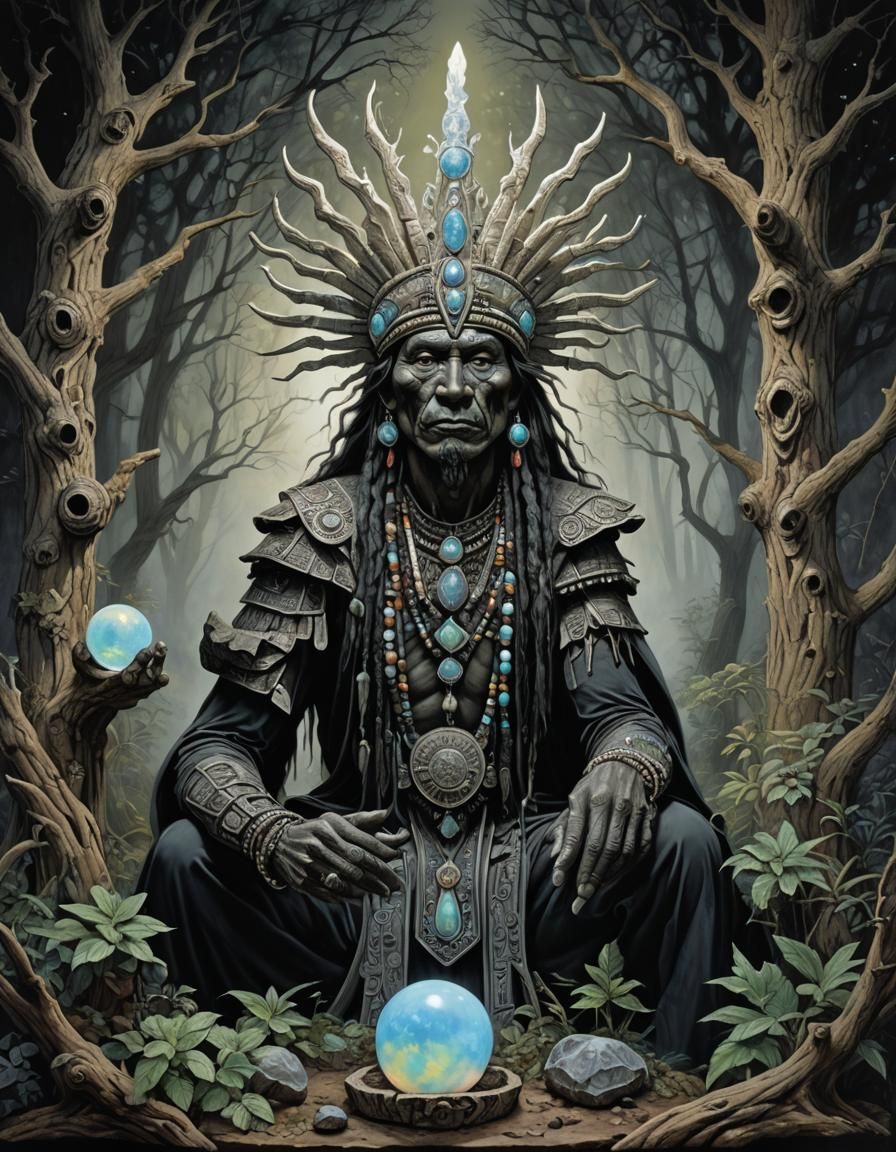 Magical Shaman in Surreal Glade, Charcoal Art