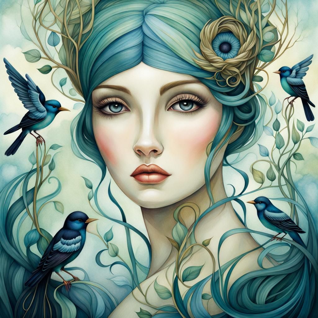 Bird in Nest: Art Nouveau Watercolor Illustration