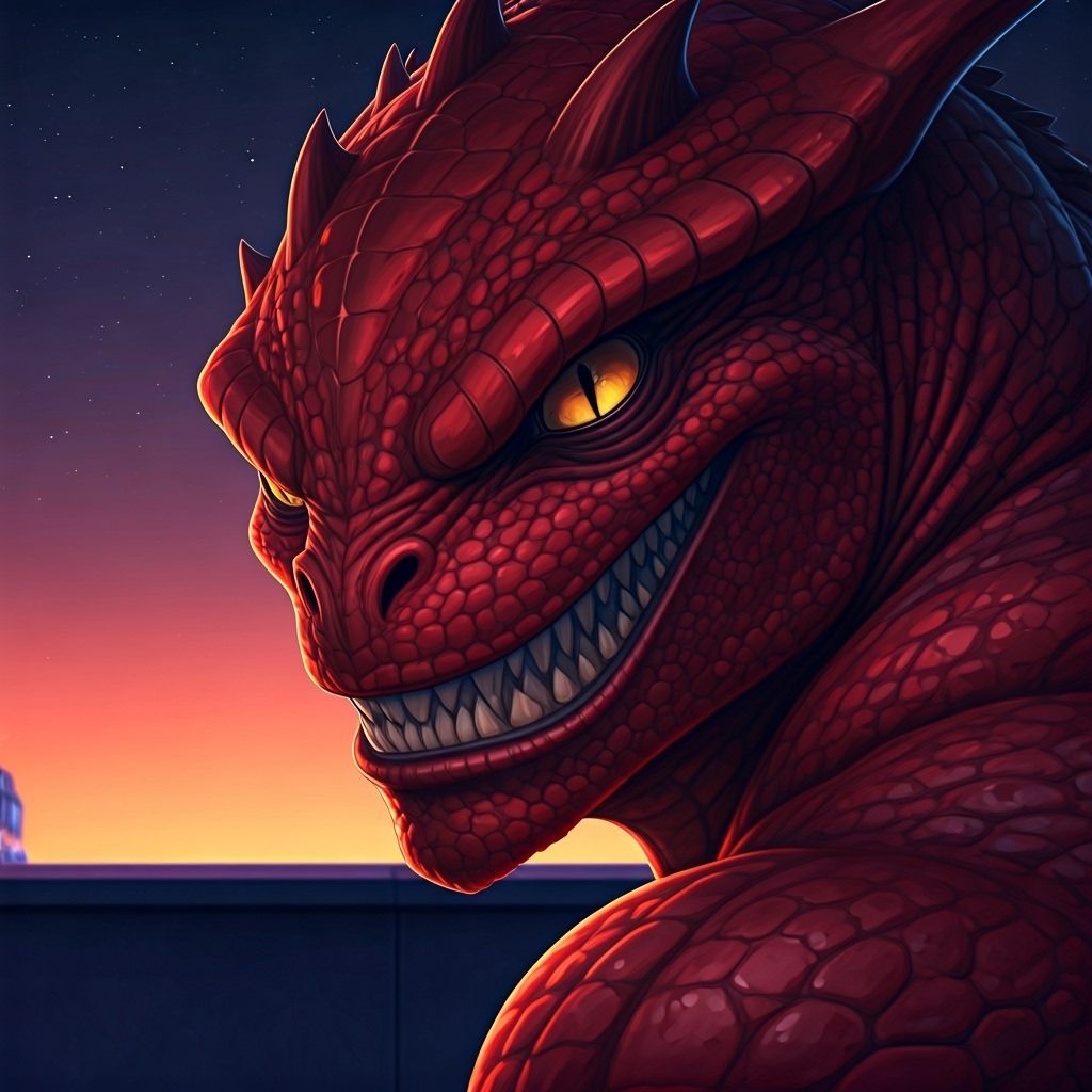 Crimson Alien Lurking on Rooftop in Synthwave Sunset