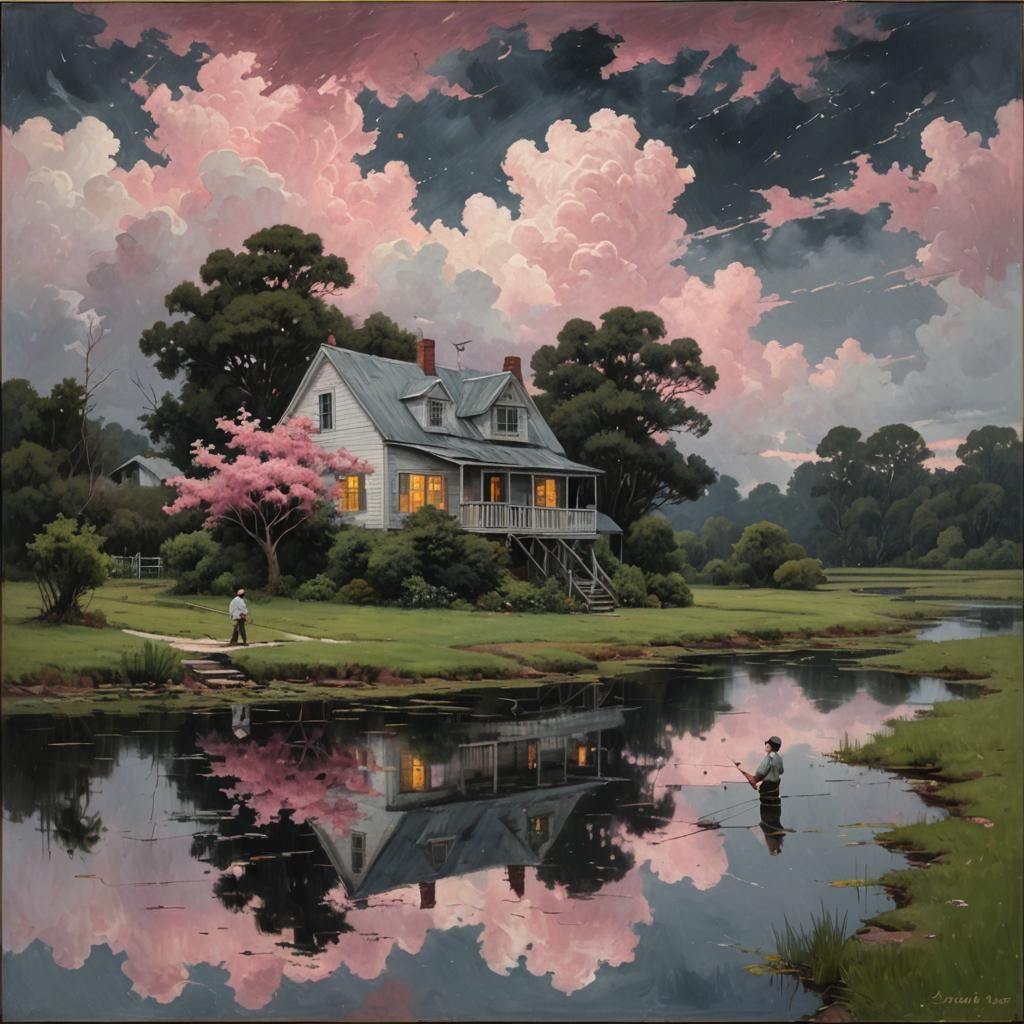 Boy Fishing at Sunset: An Oil Painting