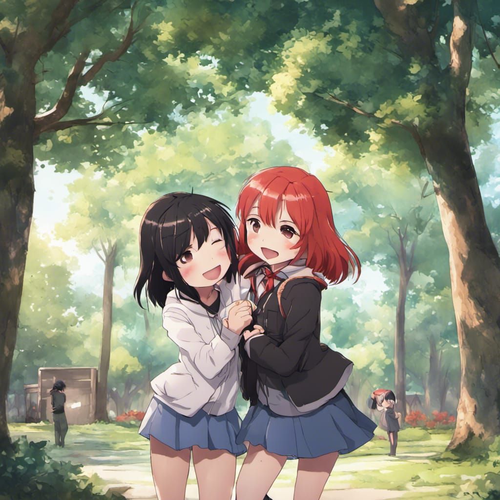 Anime Style: Girls Hugging in Park