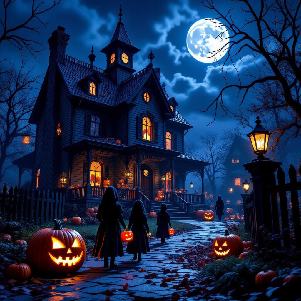 Spooky Halloween Night with Haunted Houses and Ghosts
