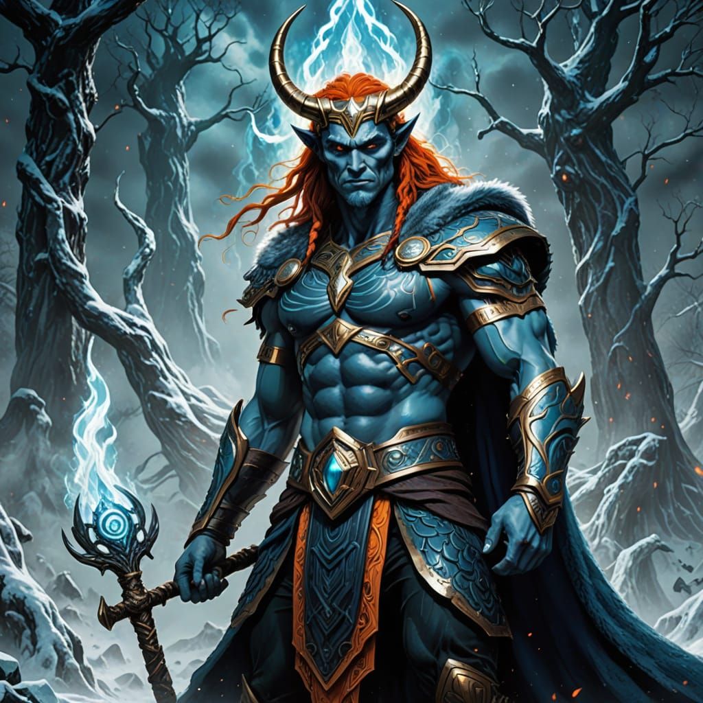 Frost Giant Loki, God of Chaos, in Vibrant Digital Art