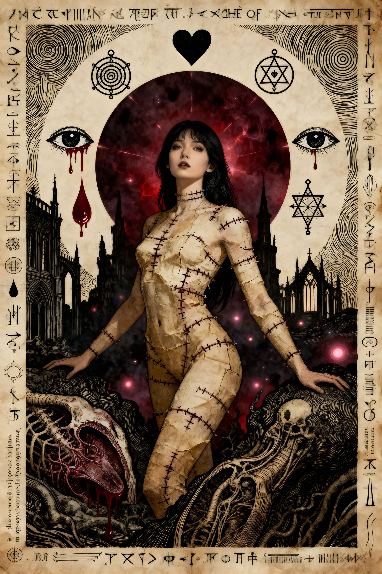 Mystical Woman with Stitched Skin in Gothic Surrealism