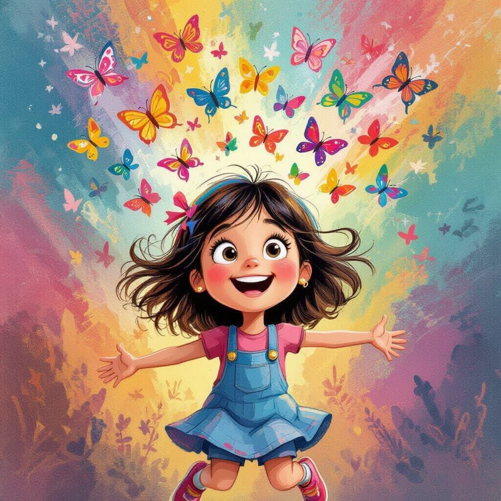 Joyful Girl Imagines Butterflies in Vibrant Crayon Style