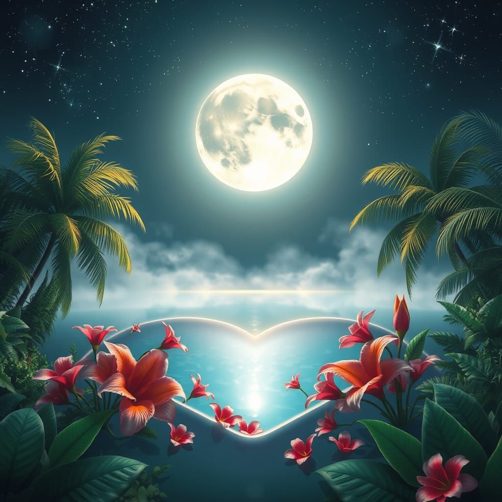 Ethereal Night Scene with Radiant Full Moon and Luminous Lag...