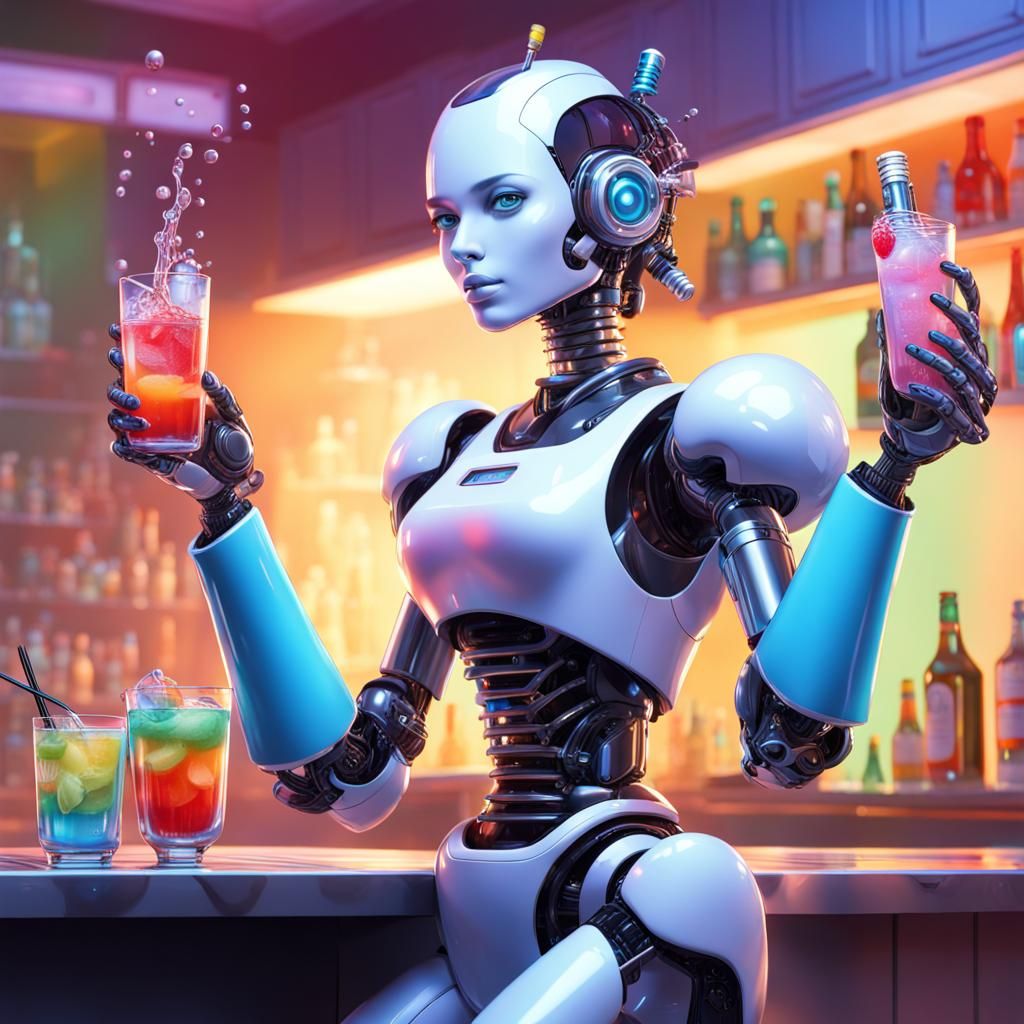 Female Robot Maid Serving Mixed Drinks