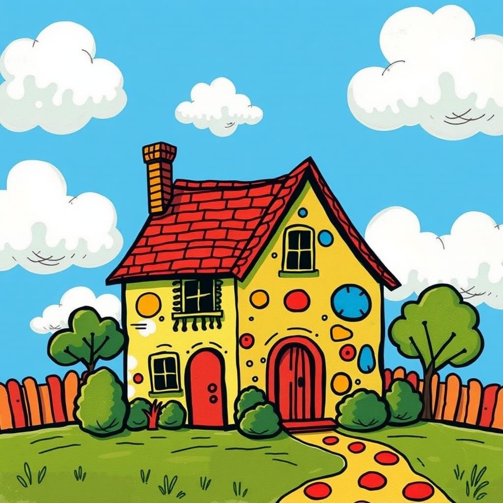 Whimsical House in Naive Folk Art Style