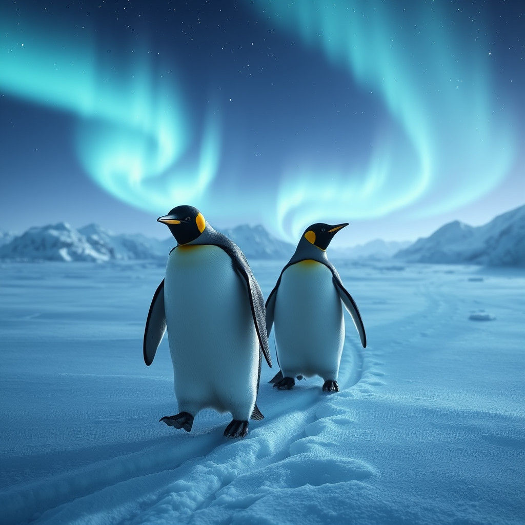 Emperor Penguins Under the Aurora Borealis