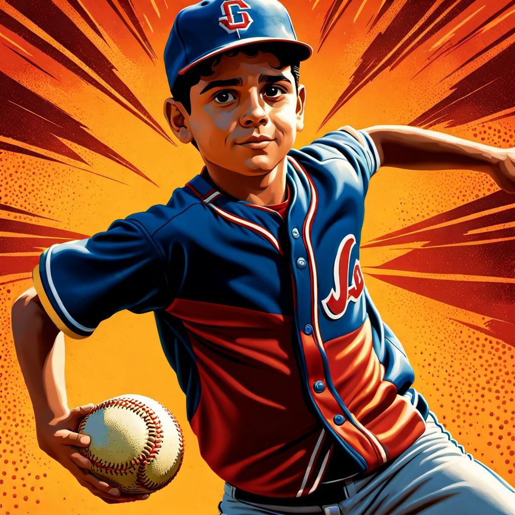 Benny the jet Rodriguez from The Sandlot. dynamic lighting intricately detailed Gustave Doré warm colors pop art stipple...