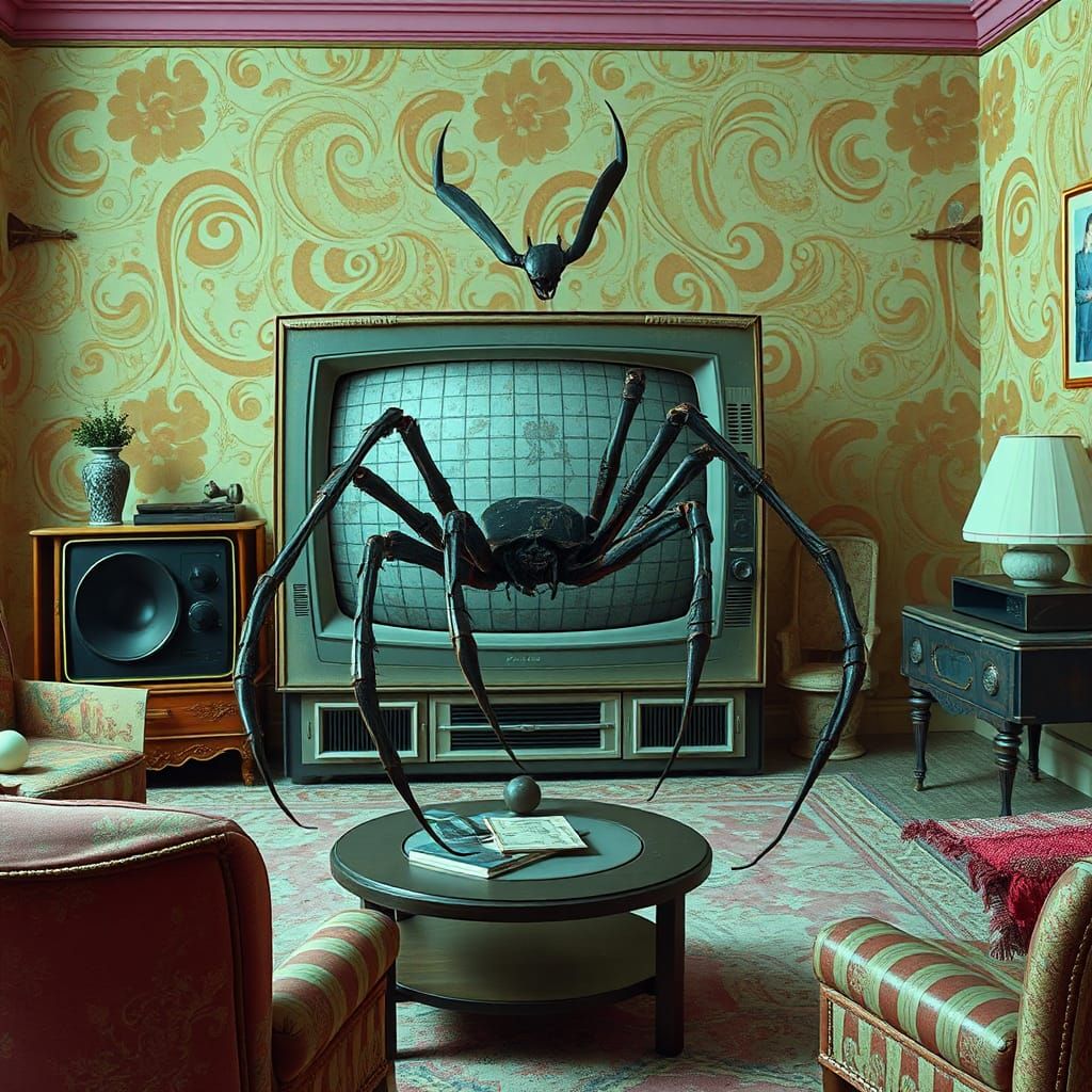 Eerie Spider Hybrid Crawls into Vaporwave Klimt Living Room