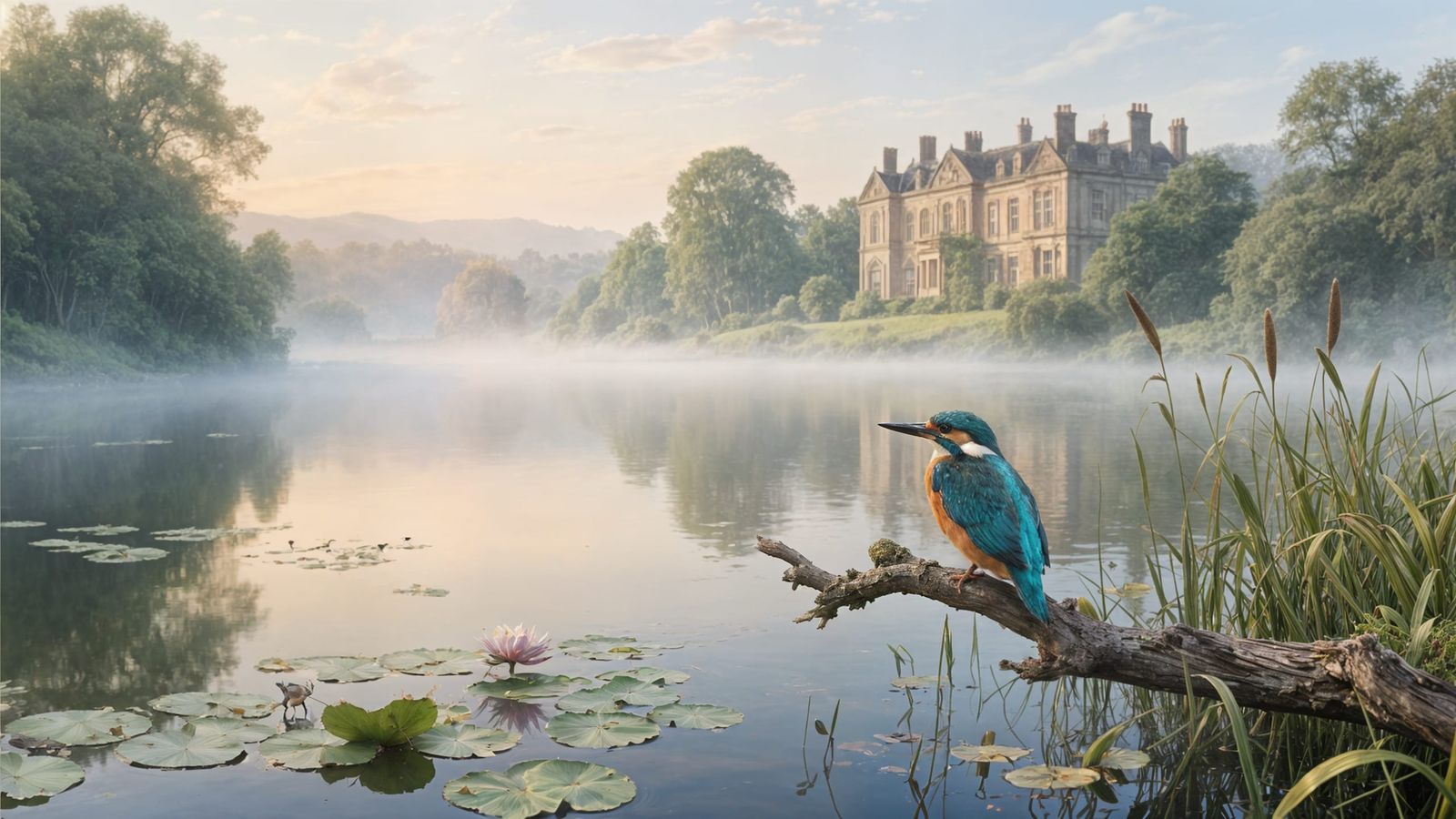 English Lake Dawn with Kingfisher in Romantic Landscape