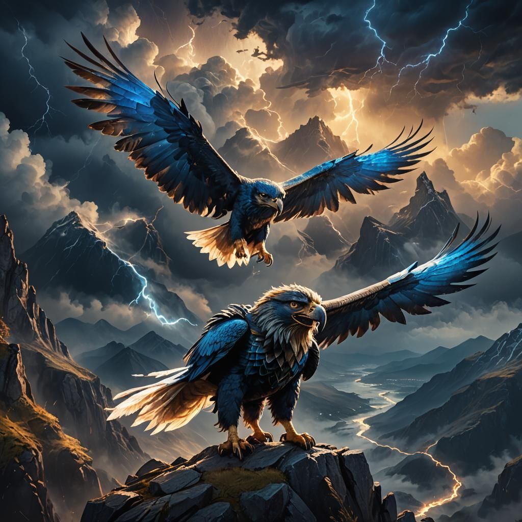 Gryffin on Mountain Peak in Stormy Sky