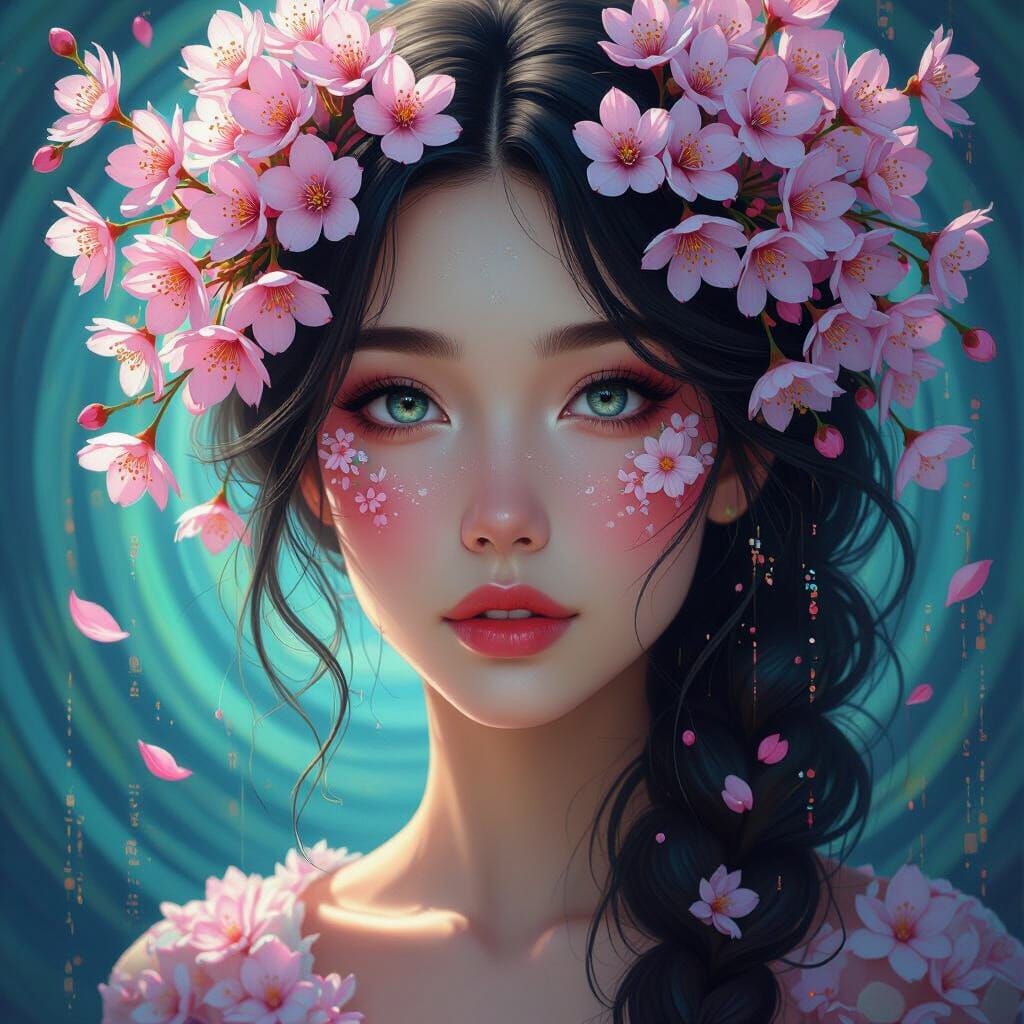 Surreal Cherry Blossom Woman in Ghibli Art Nouveau Style