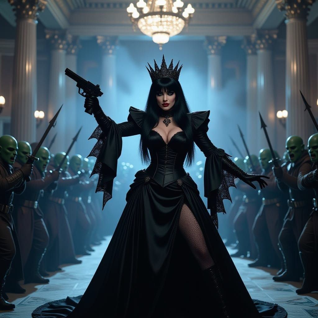 Gothic Queen Elvira Halts Orc Horde at Bank