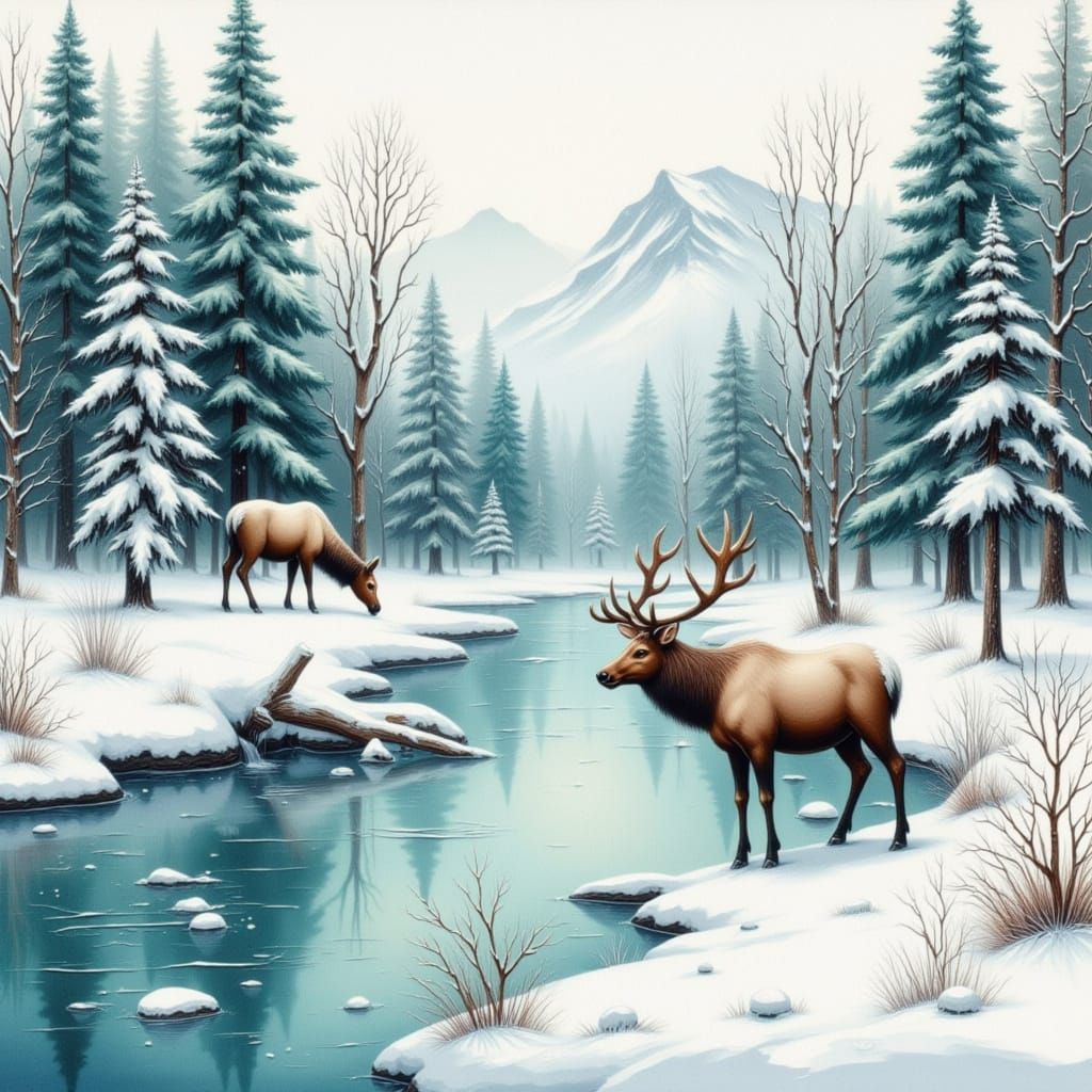 Majestic Elk Drinks from Turquoise River in Winter Woodland