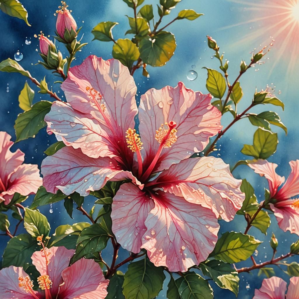 Pink Hibiscus in Watercolor Fantasy Botanical Art