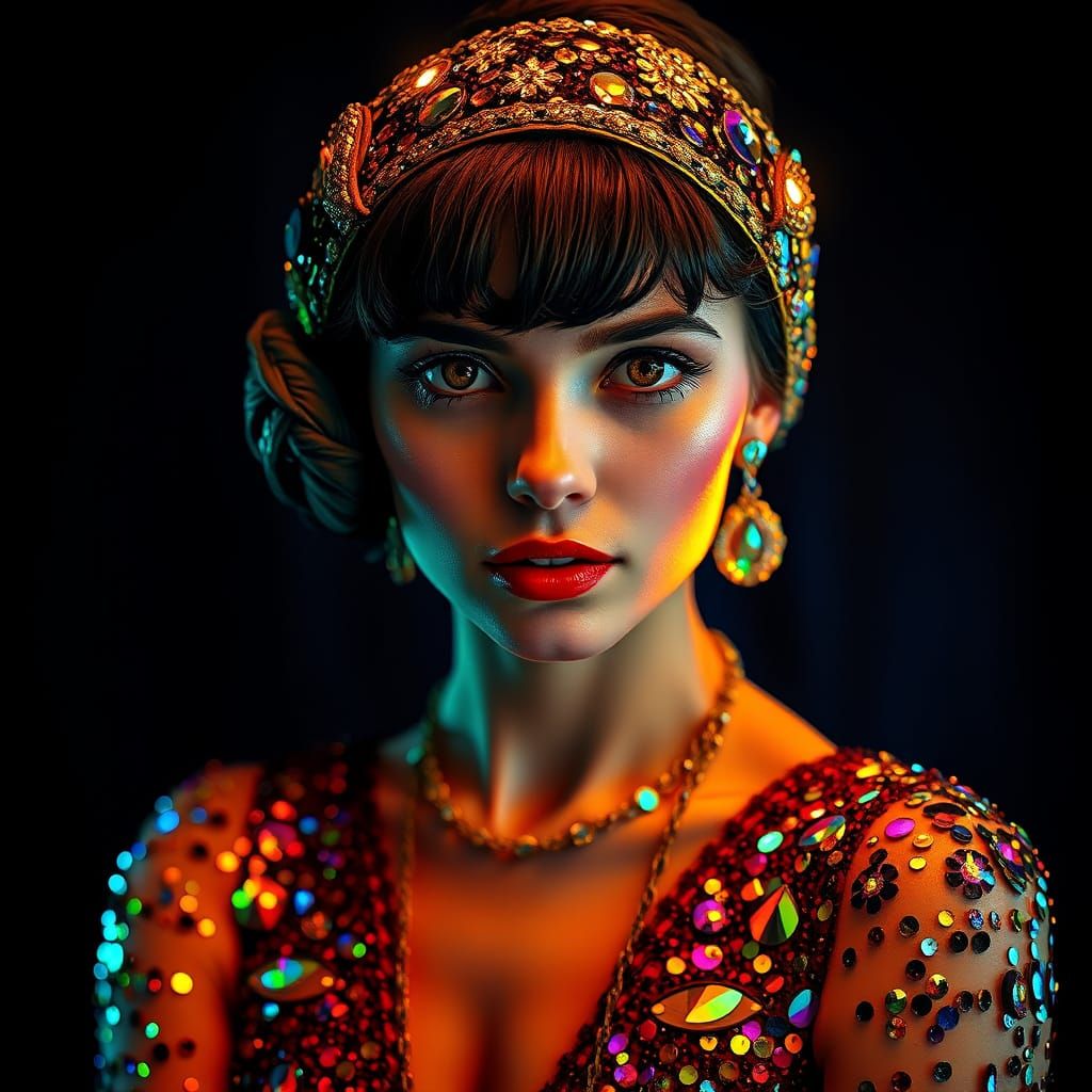 1920s Flapper Girl in Gustav Klimt-Inspired Art Deco Gown