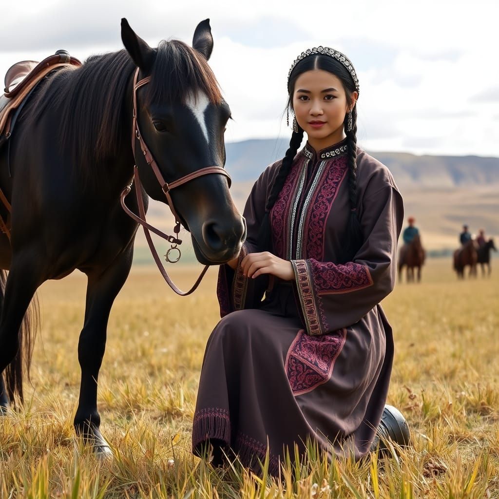 Mongolian Woman and Horse on Grassy Steppe