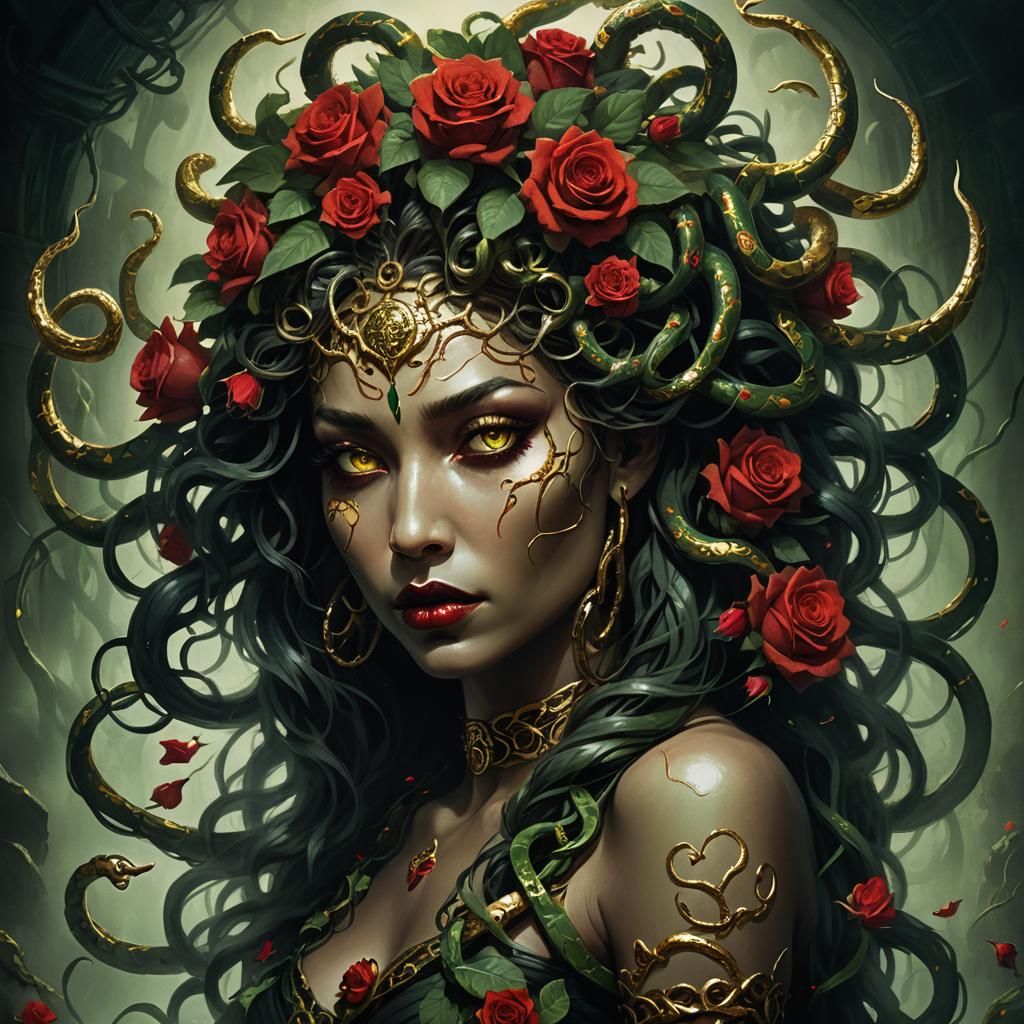 Enchanting Medusa Portrait with Roses and Golden Snakes