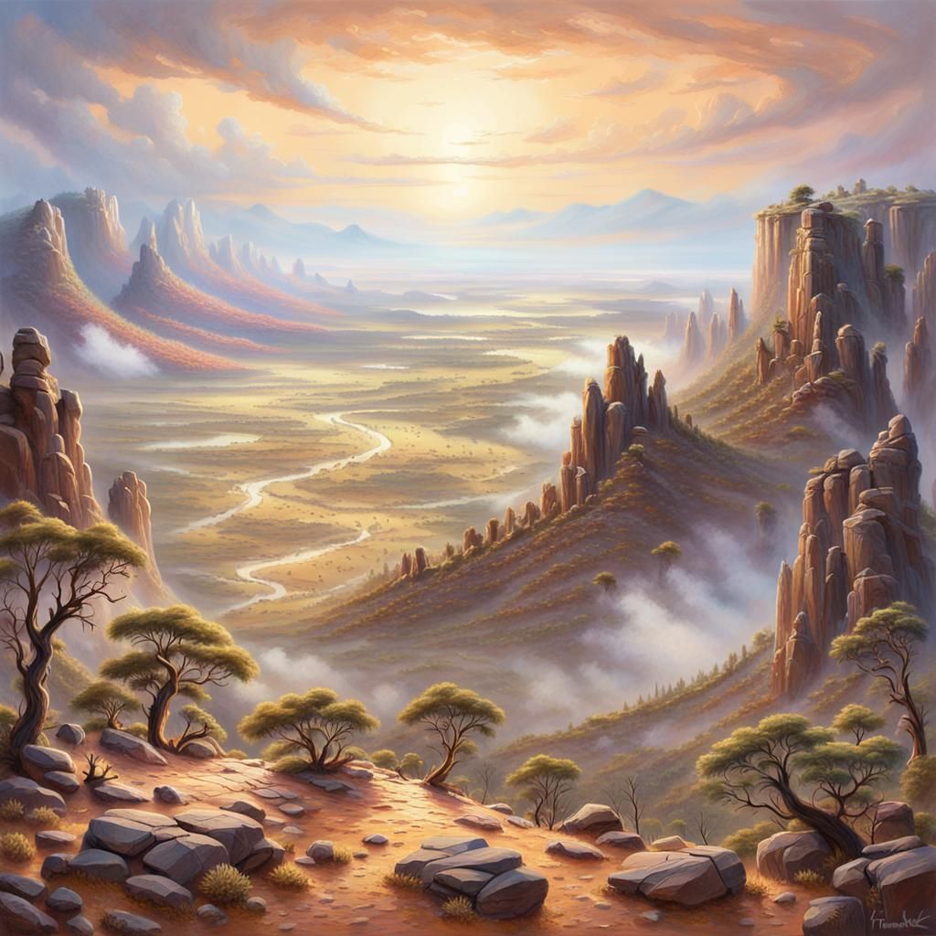 Ethereal Rocky Outpost in Vibrant Golden Hour