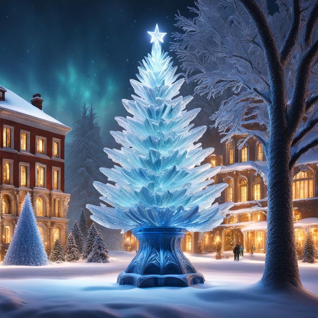 Cinematic Christmas Tree Ice Sculpture in 8k