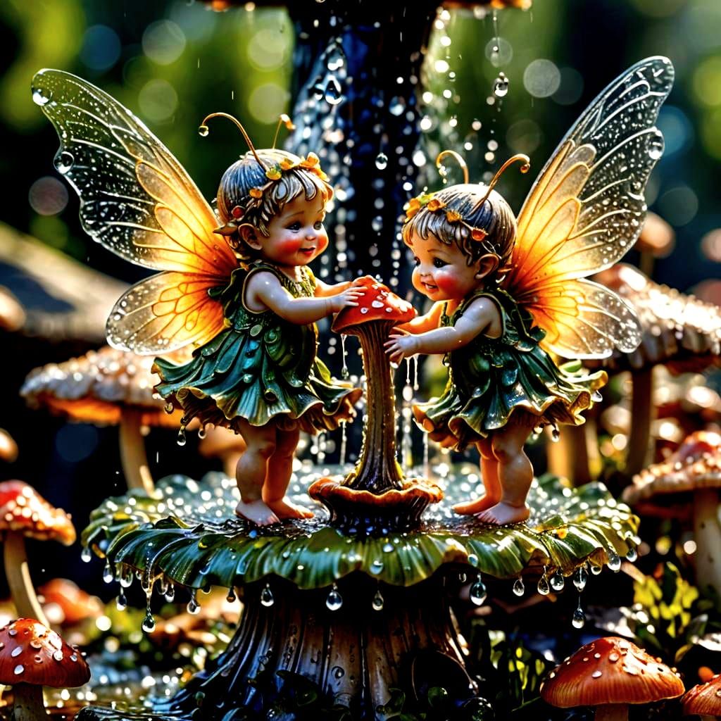 Macro Photograph of Baby Fairies Dancing on Mushroom