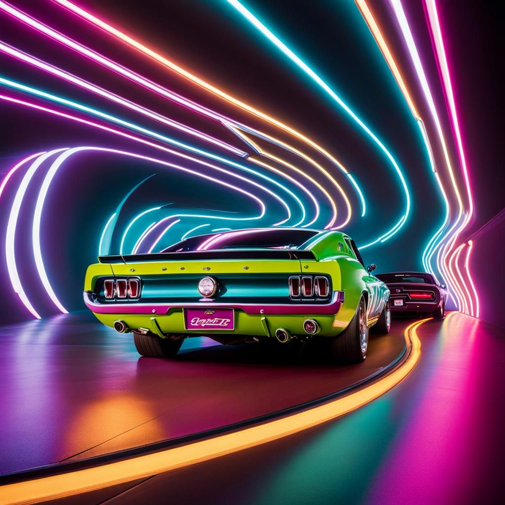 Classic Muscle Cars Racing Through Neon Tunnel