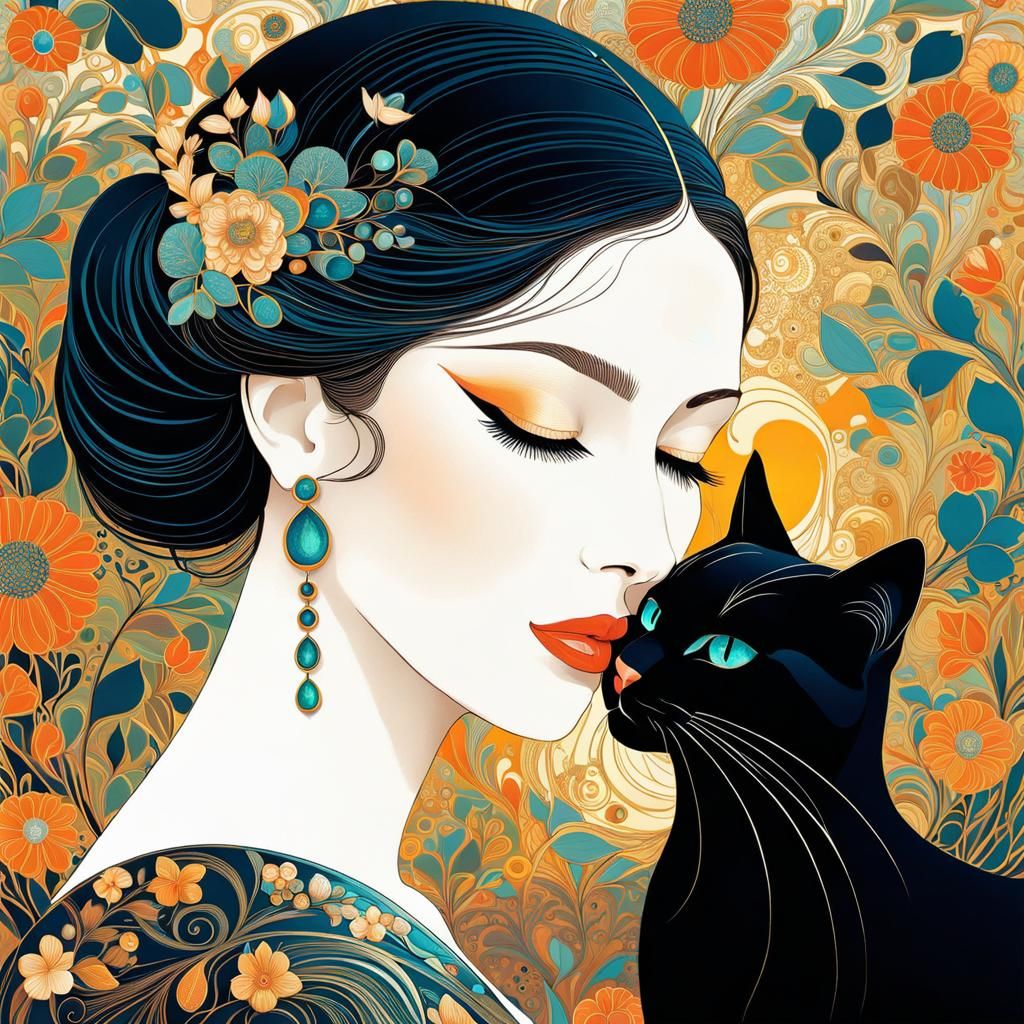 Model and Cat in Klimt-Inspired Floral Style