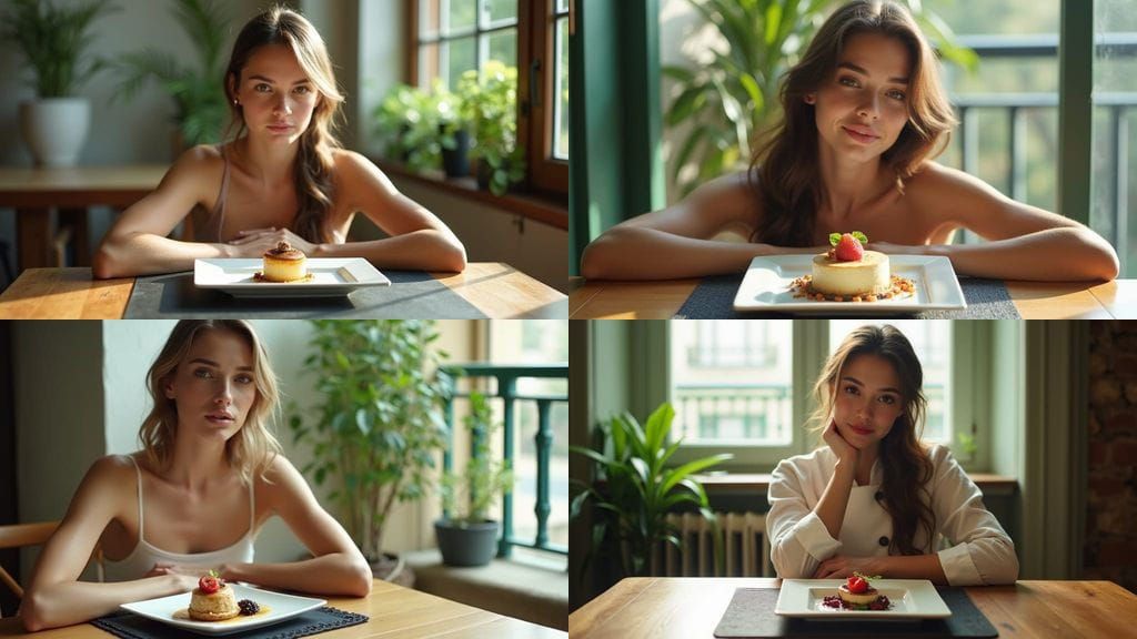 Elegant Woman Poses With Dessert by Window Light