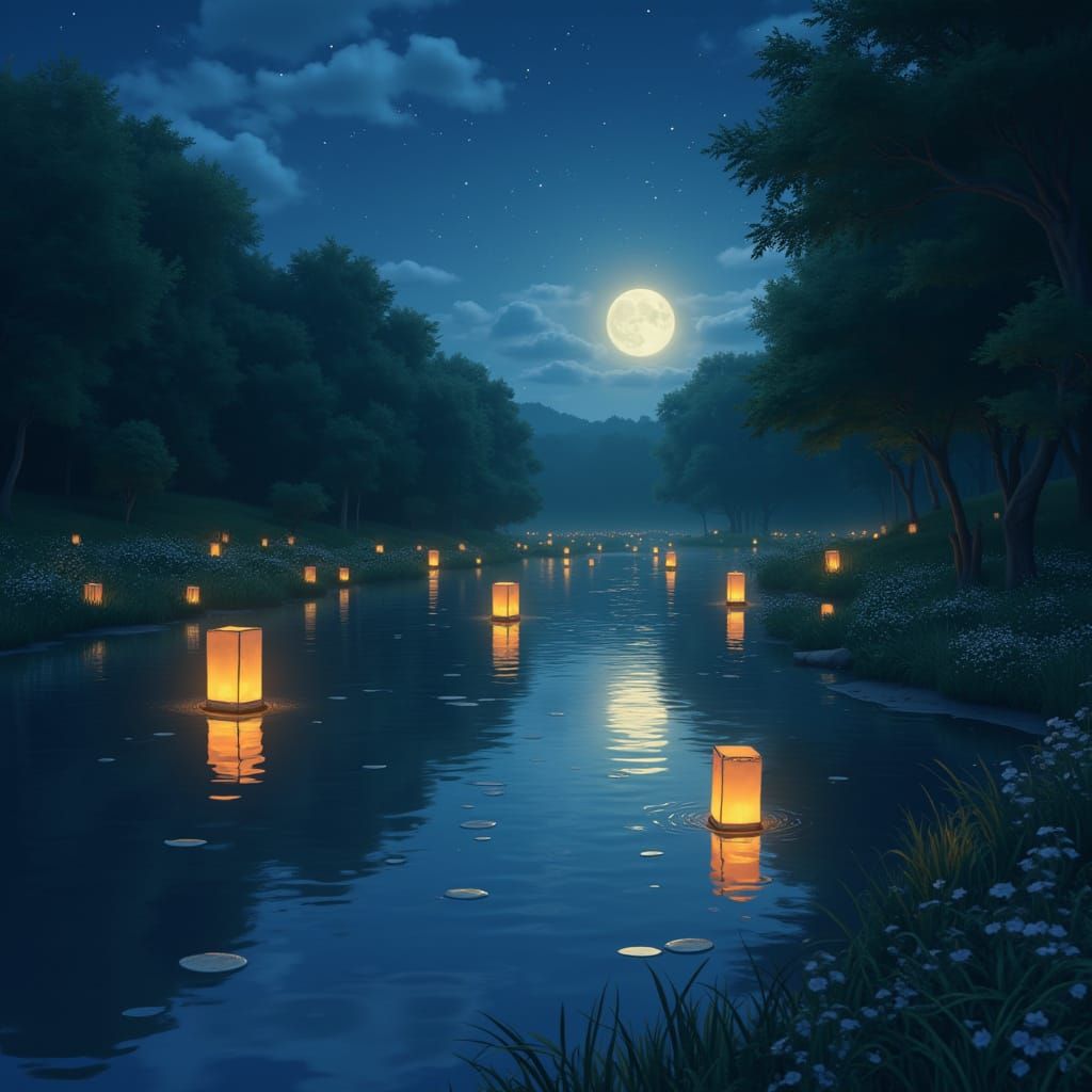 Moonlit River Lanterns in Ethereal Style